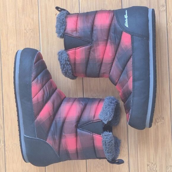 Eddie Bauer Red & Black Plaid Sherpa Lined Thermal Camp Boot Mid Calf Quilted 7 - Picture 5 of 16